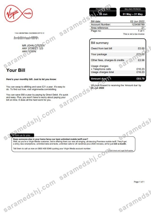 United Kingdom Virgin Media utility bill, Word and PDF template